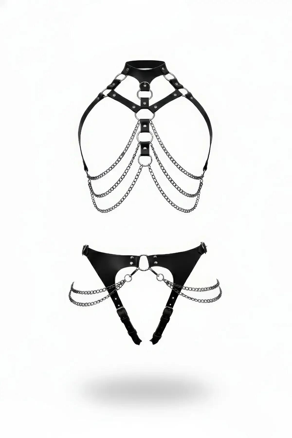 Faux Leather Full Body Harness Set with Chain Details