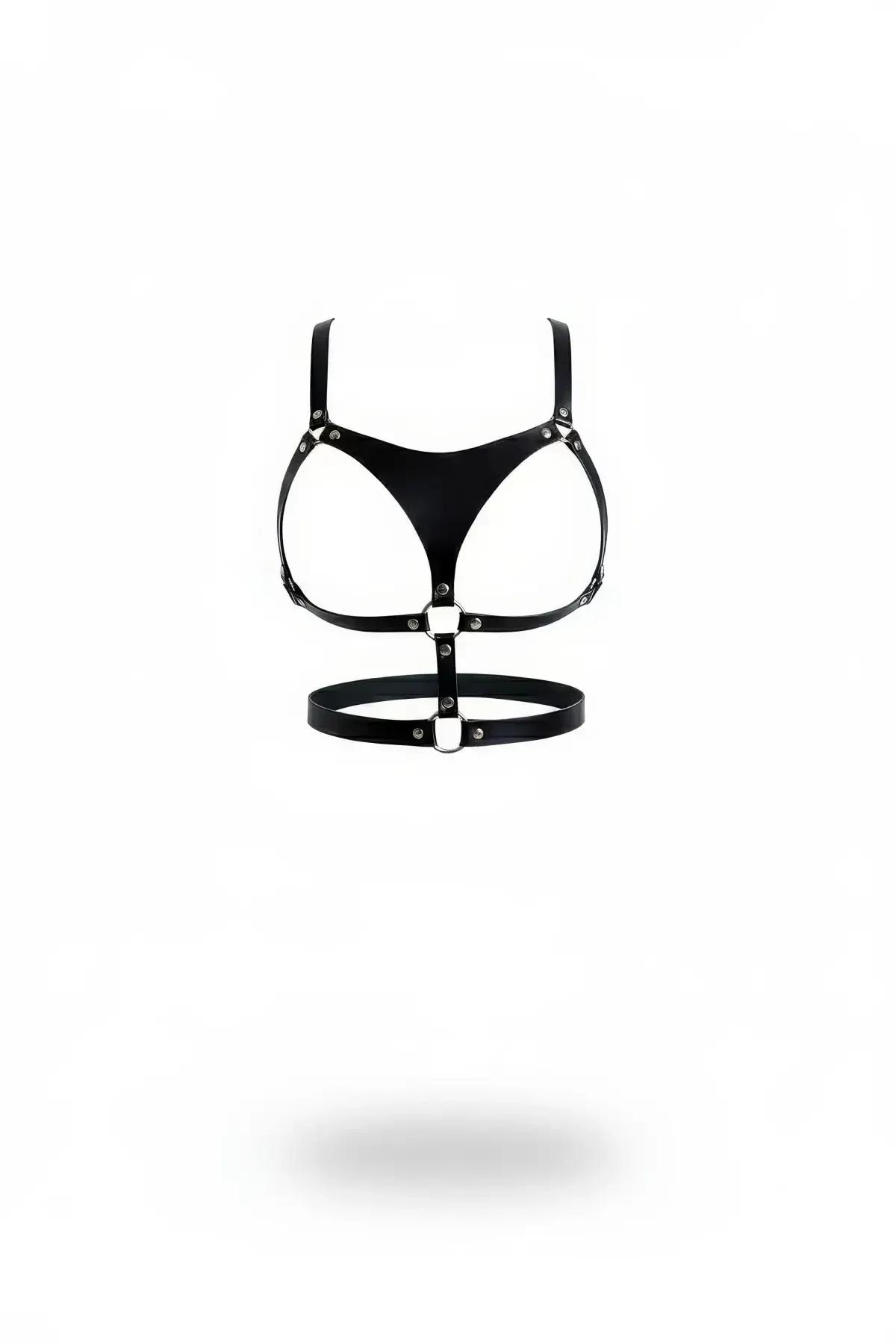 Black Faux Leather Chest Harness with O-Ring Details