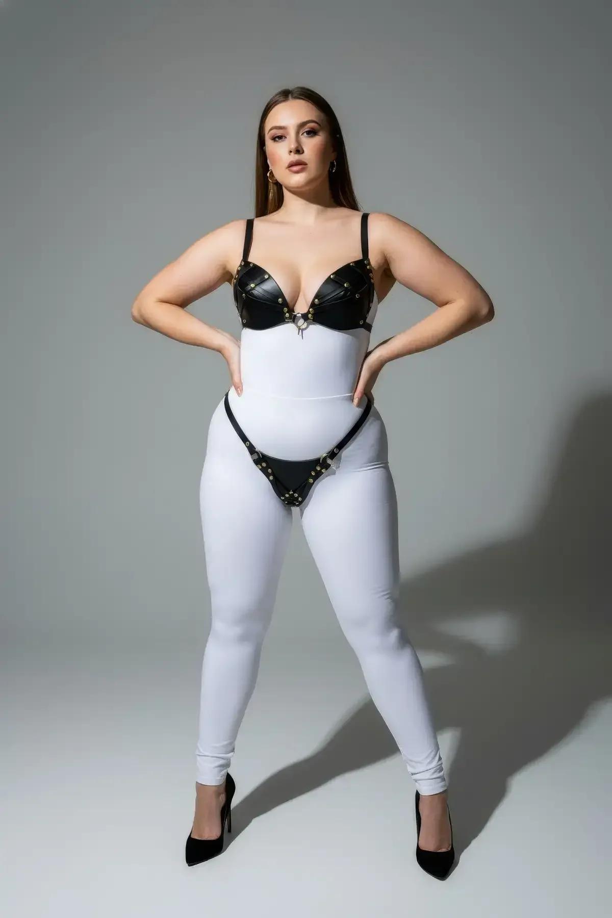 Studded Faux Leather Bra & Thong Harness Set
