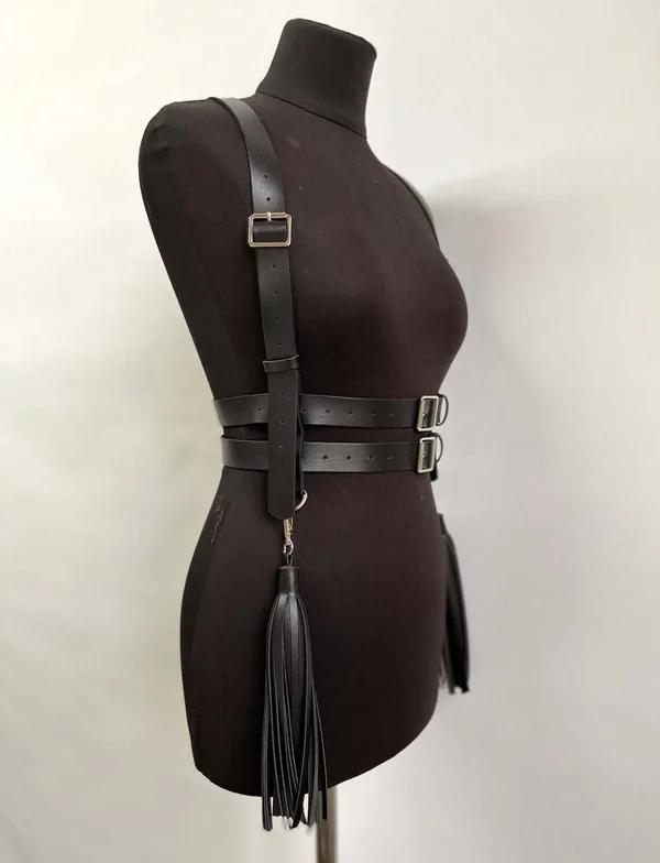 Womens Leather Harness Body Belt with Adjustable Tassels