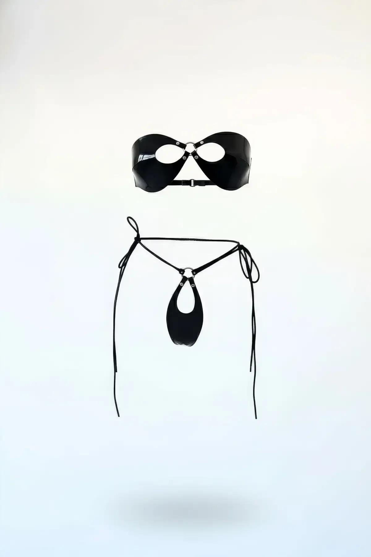 Vinyl Harness Bralette & G-String Set with O-Rings