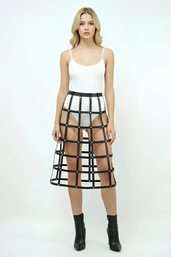 Faux Leather Cage Skirt Midi Harness with Rivets