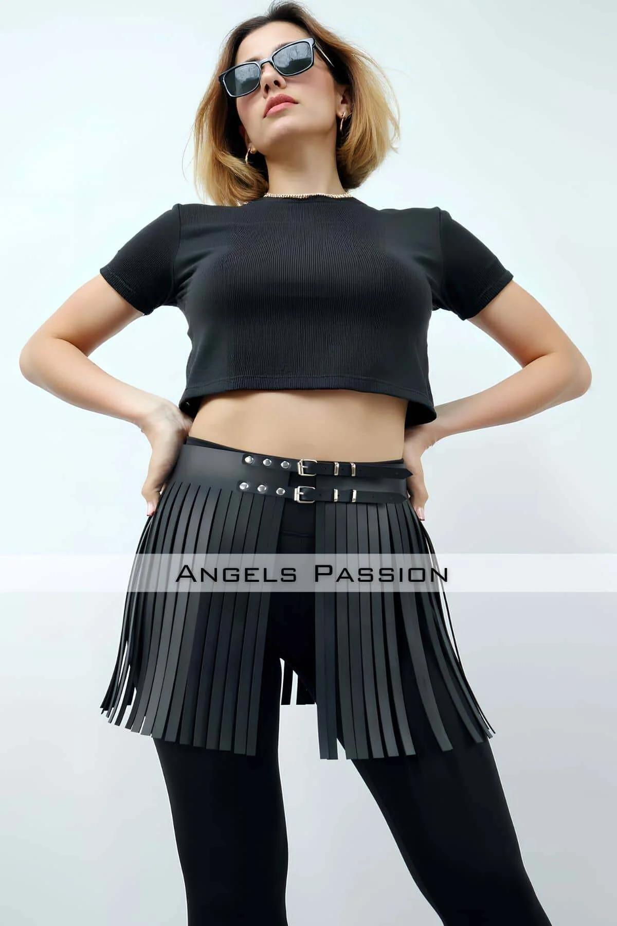 Women's Black Fringe Belt - Adjustable Faux Leather Waist