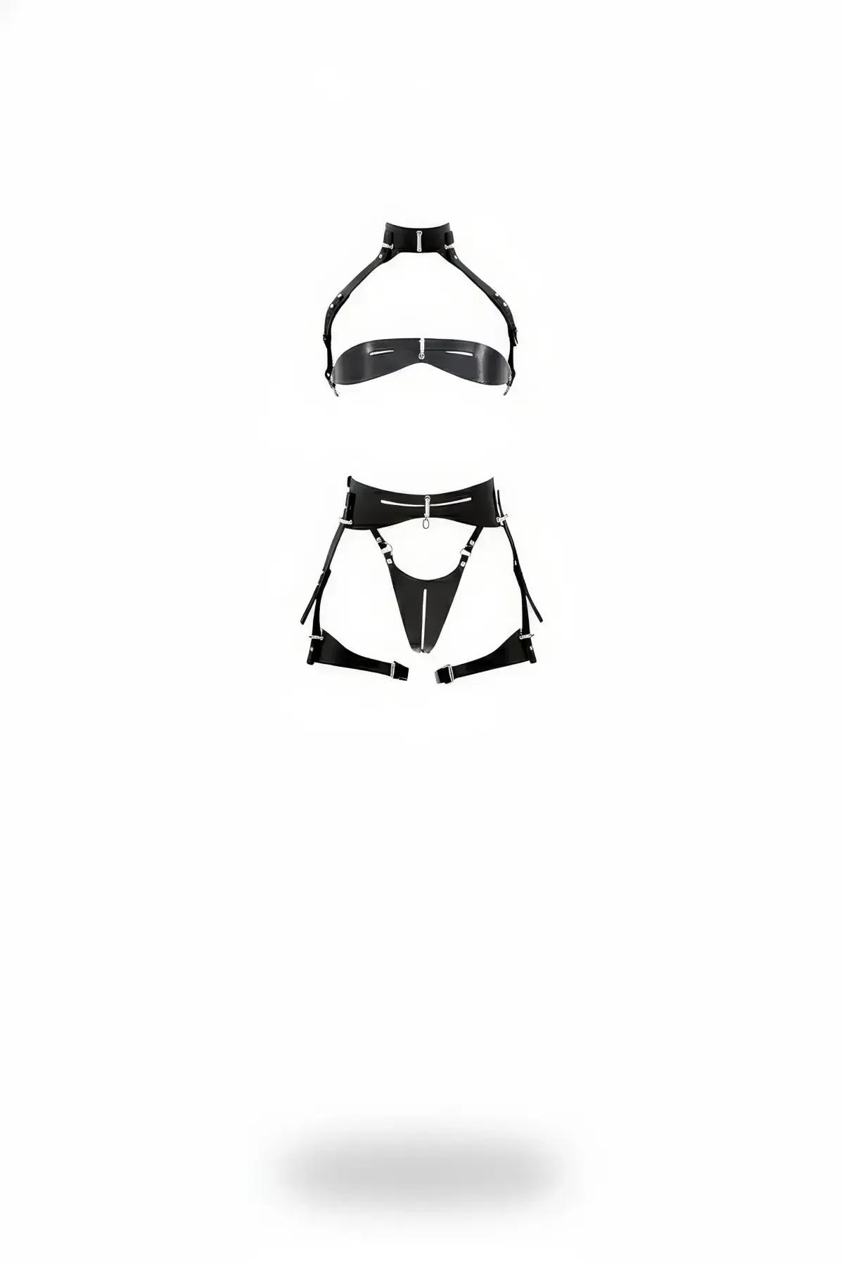 Glossy Faux Leather Harness Bra & Garter Belt Set