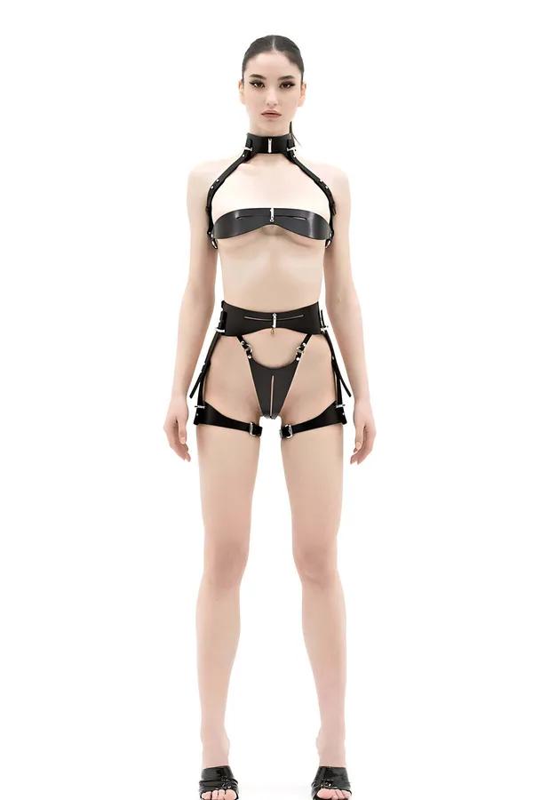 Black Leather Harness Set with Adjustable Garter & Bra Top