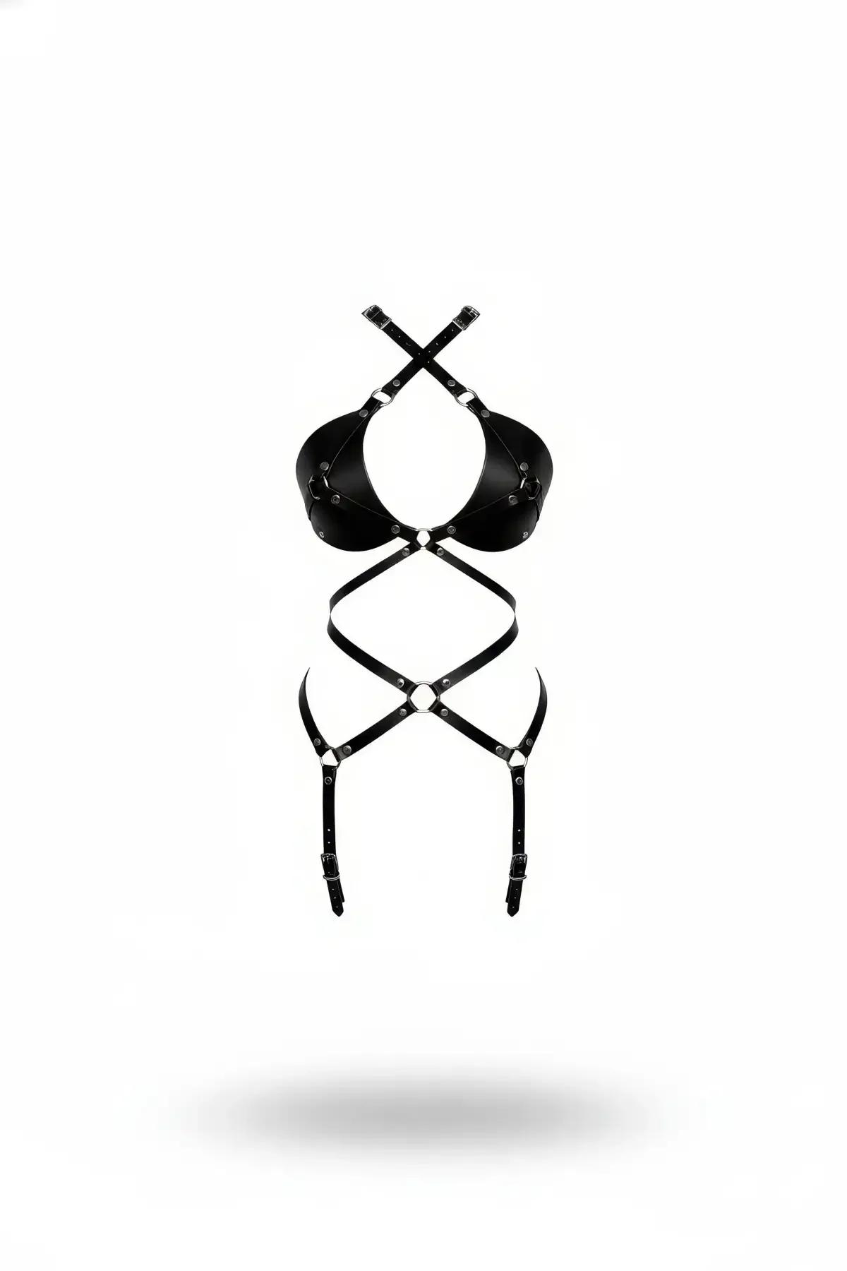 Black Leather Body Harness - Adjustable Strappy Garter Style