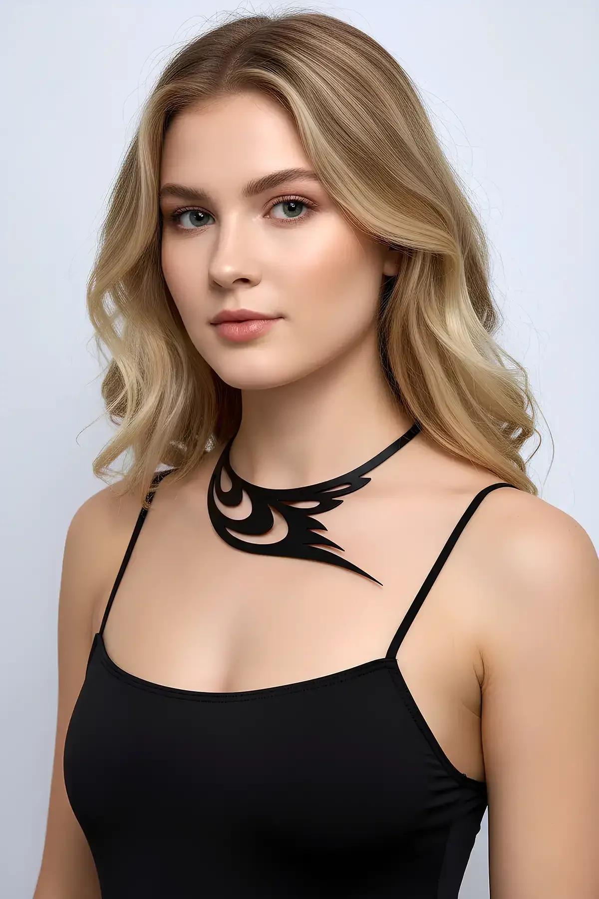 Black Leather Choker Necklace - Modern Tribal Statement Piece