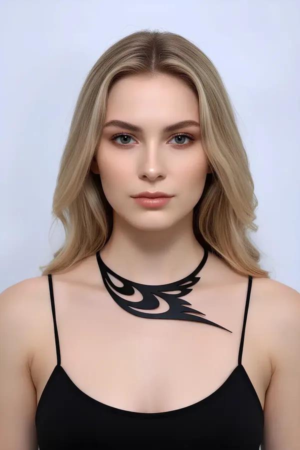 Black Leather Choker Necklace - Modern Tribal Statement Piece