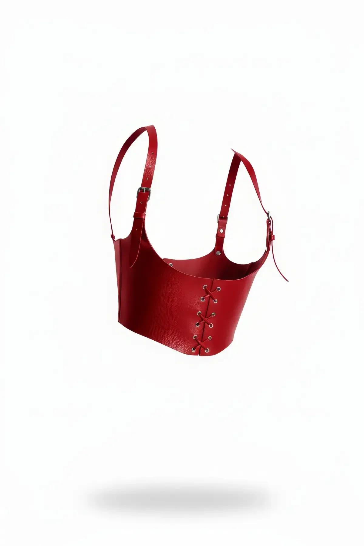 Red Faux Leather Underbust Harness Top with Lacing