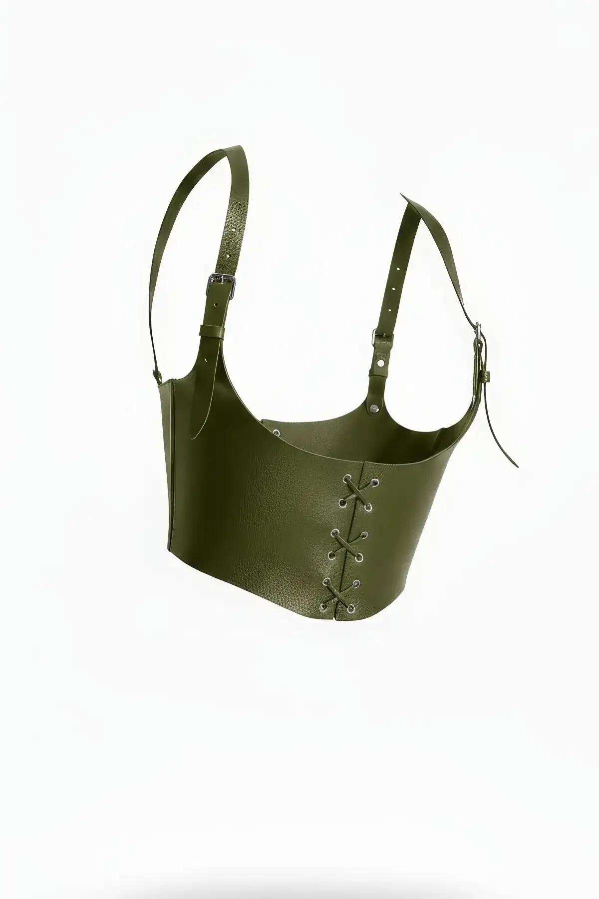 Womens Leather Harness Corset Belt - Adjustable Khaki Style