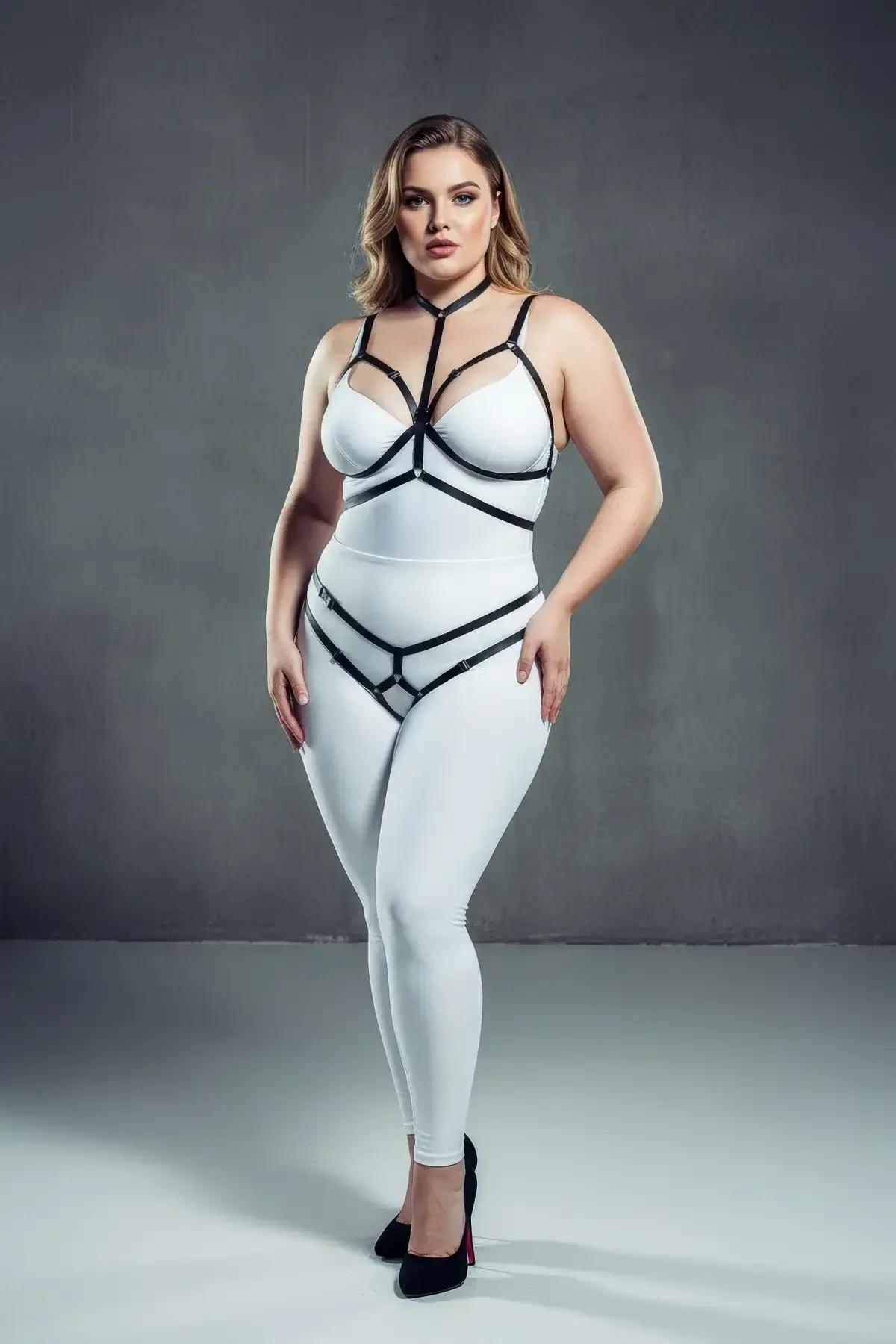 Black Full Body Elastic Harness with Choker and Leg Straps