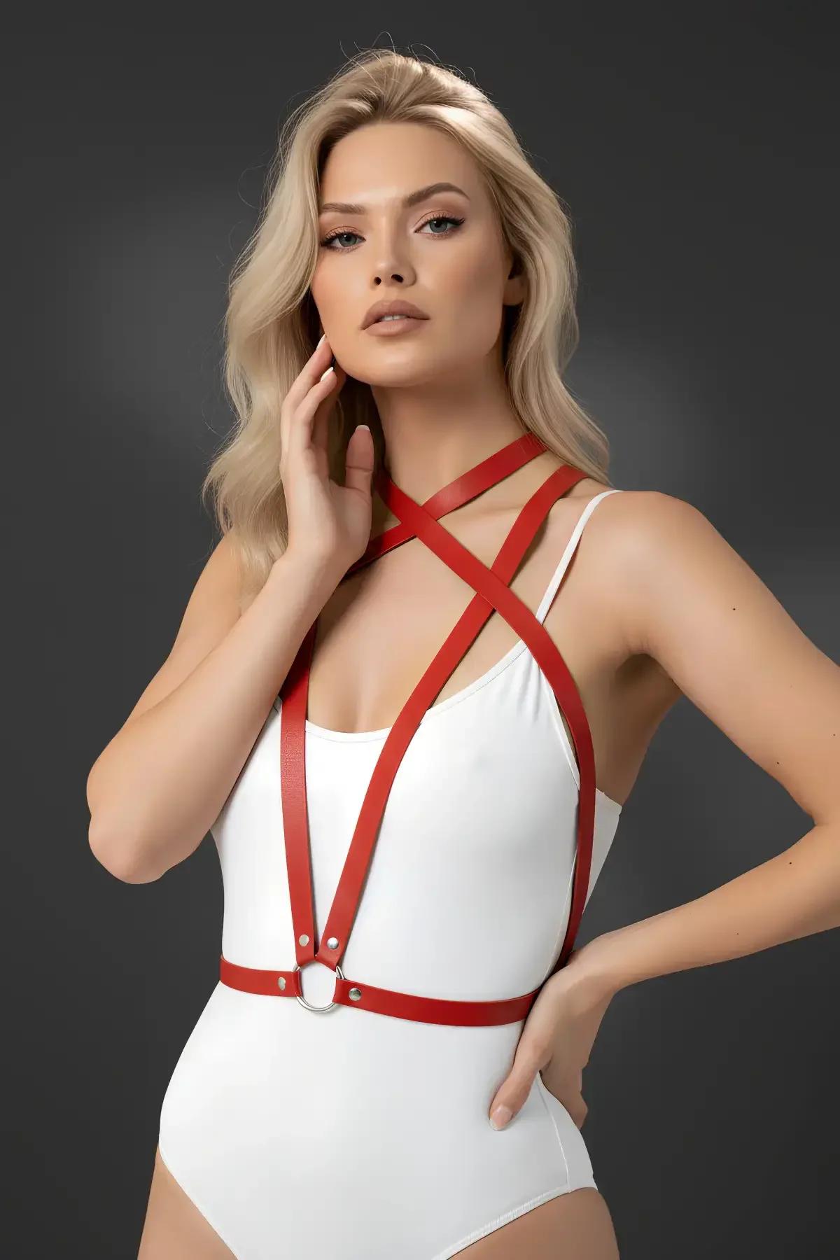 Minimalist Red Faux Leather Body Harness with O-Ring