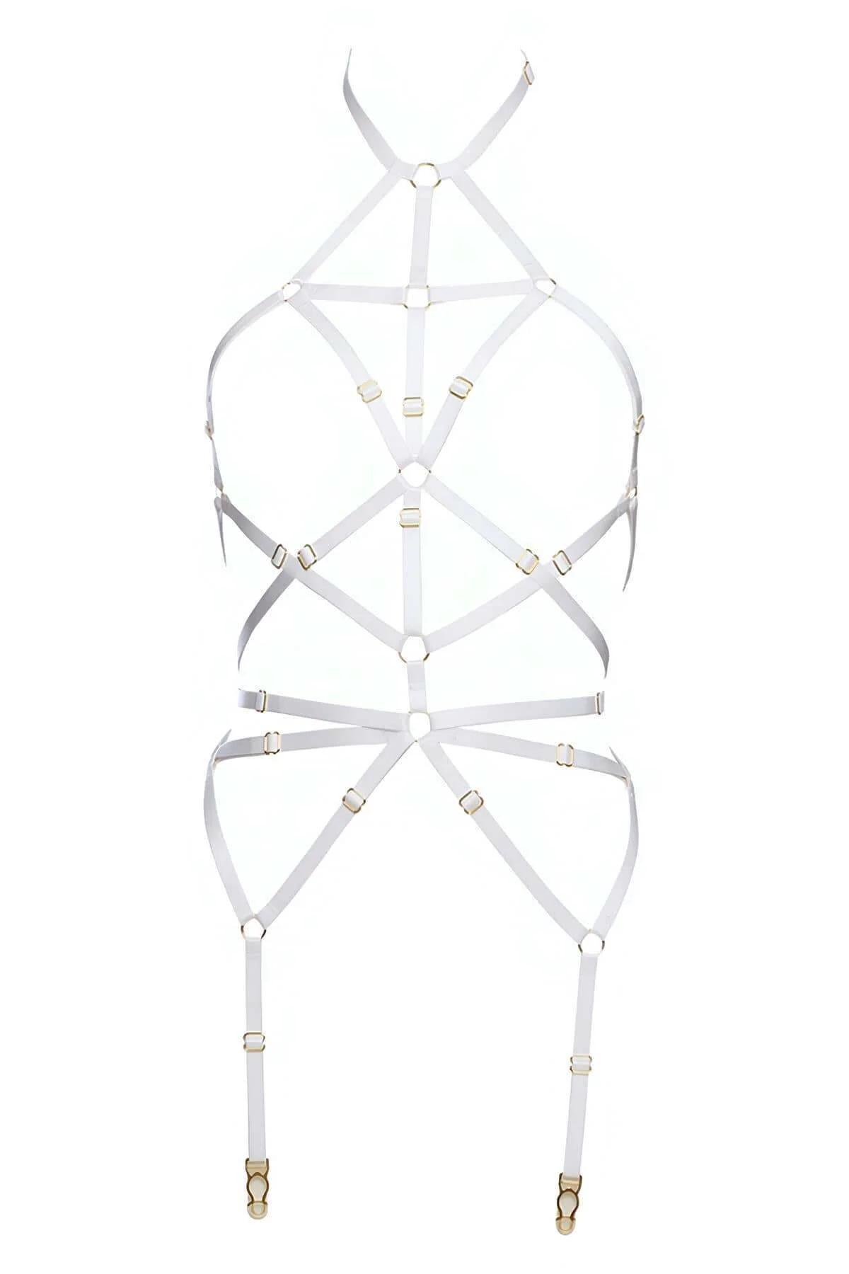White Lace Caged Body Harness with Garter Straps