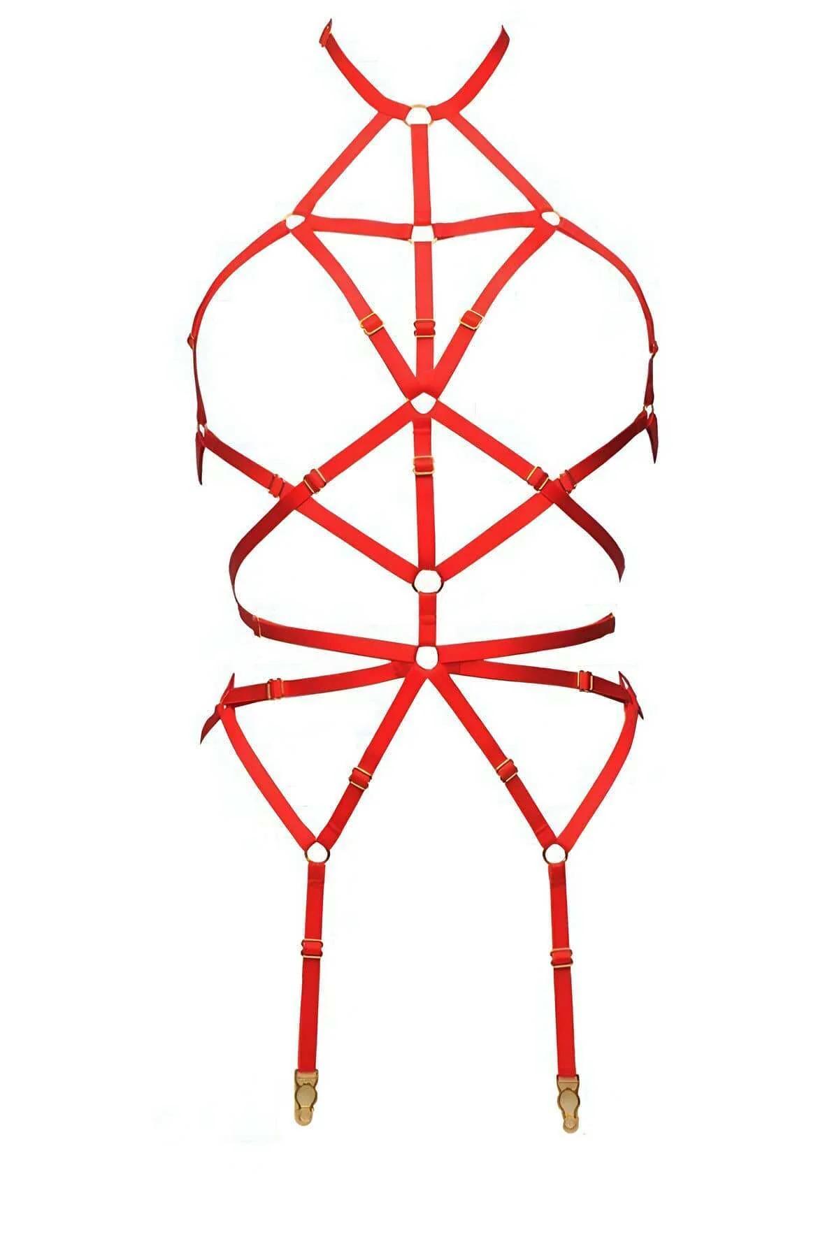 Red Strappy Lingerie Body Harness with Garter Clips