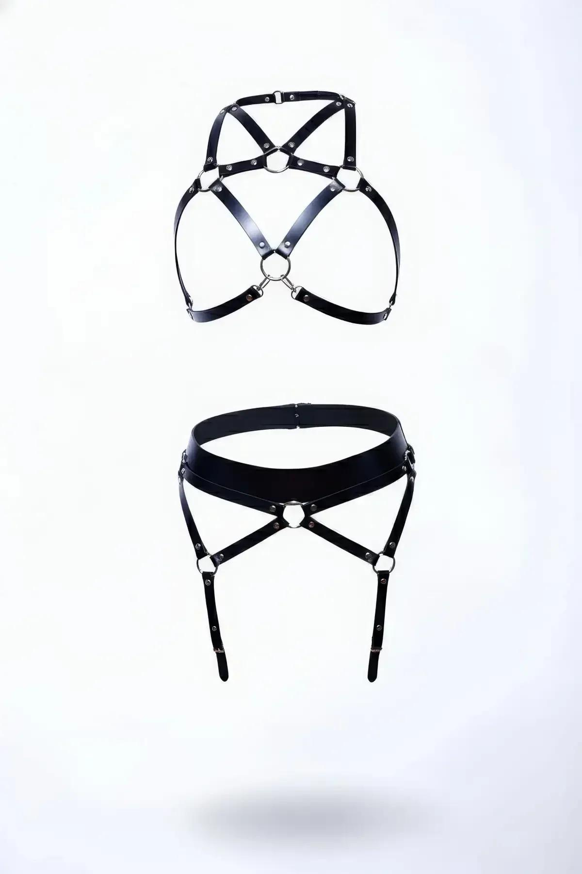 Adjustable Faux Leather Harness Bra & Garter Belt Set