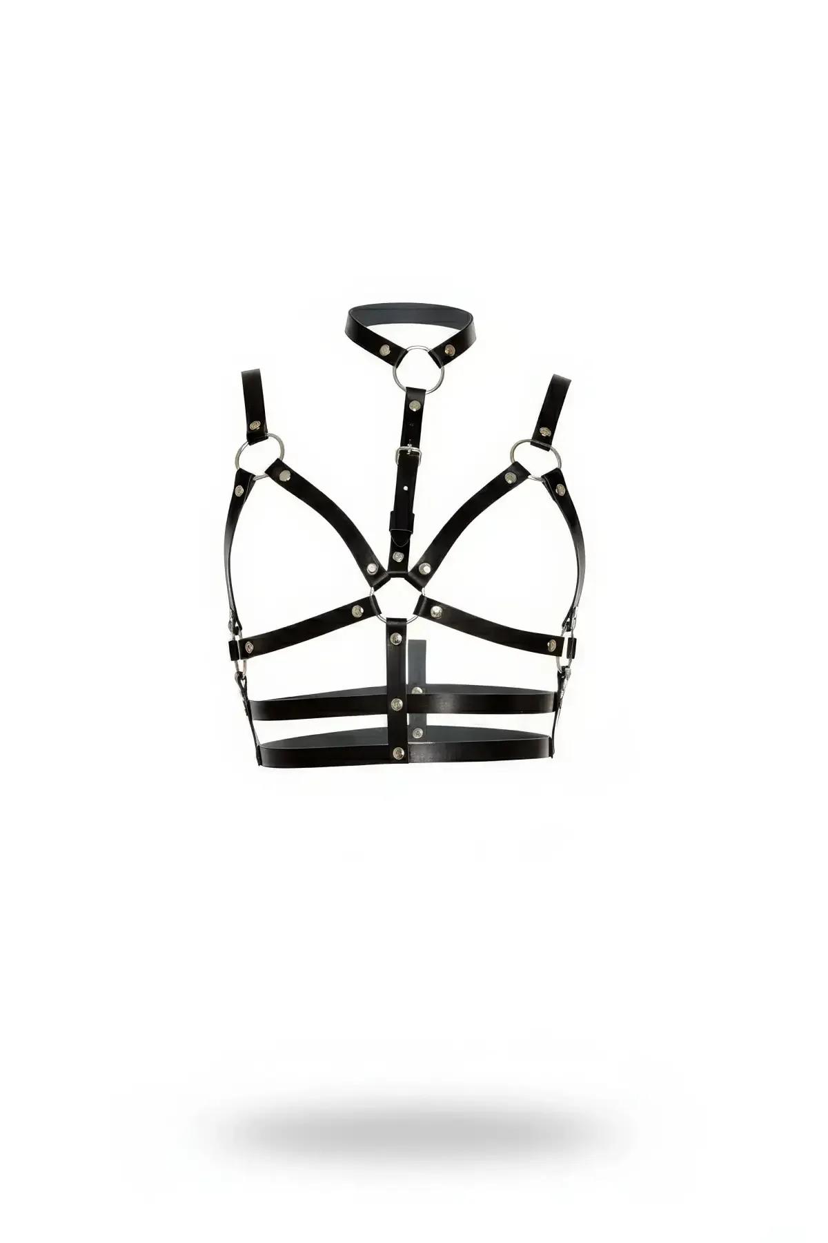 Faux Leather Cage Bra Harness with Choker and O-Rings