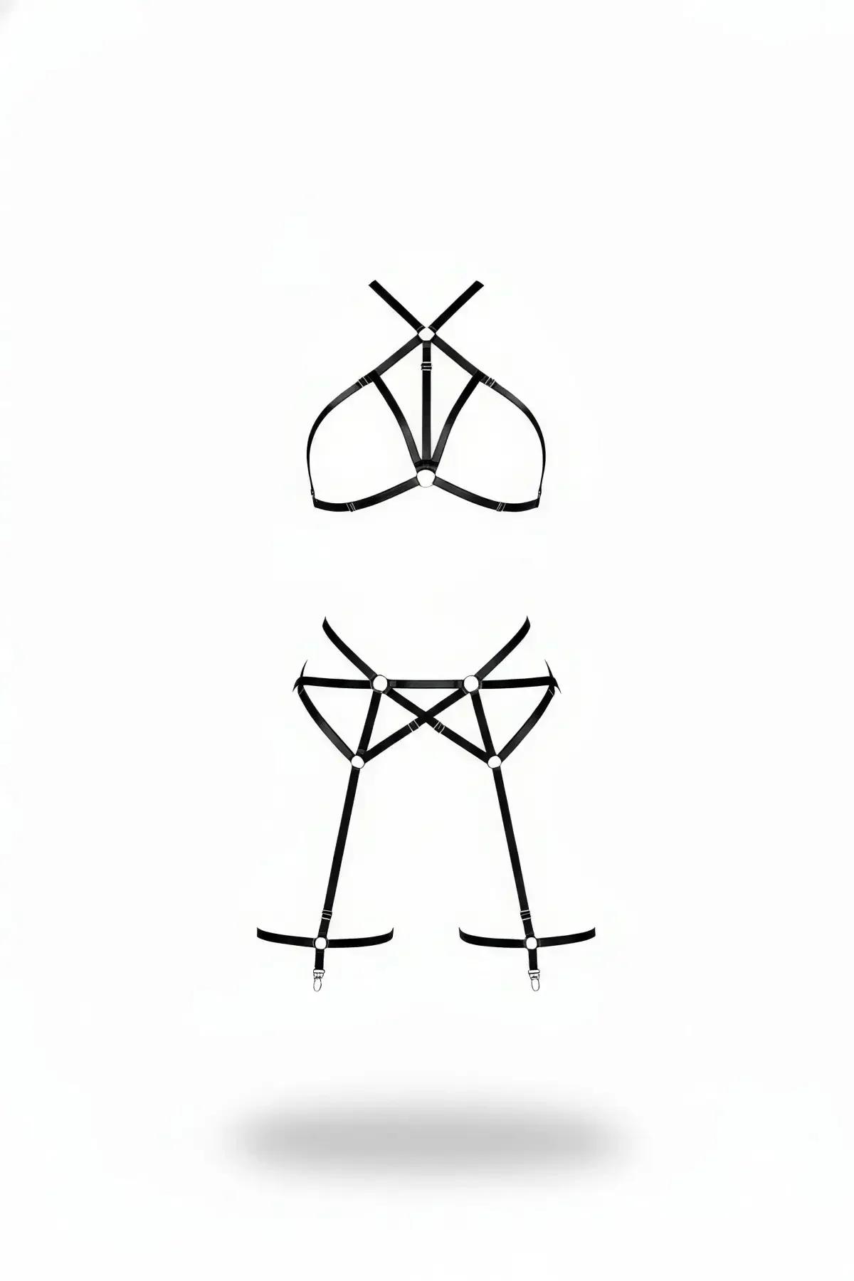 Faux Leather Caged Halter Neck & Thigh Harness Set
