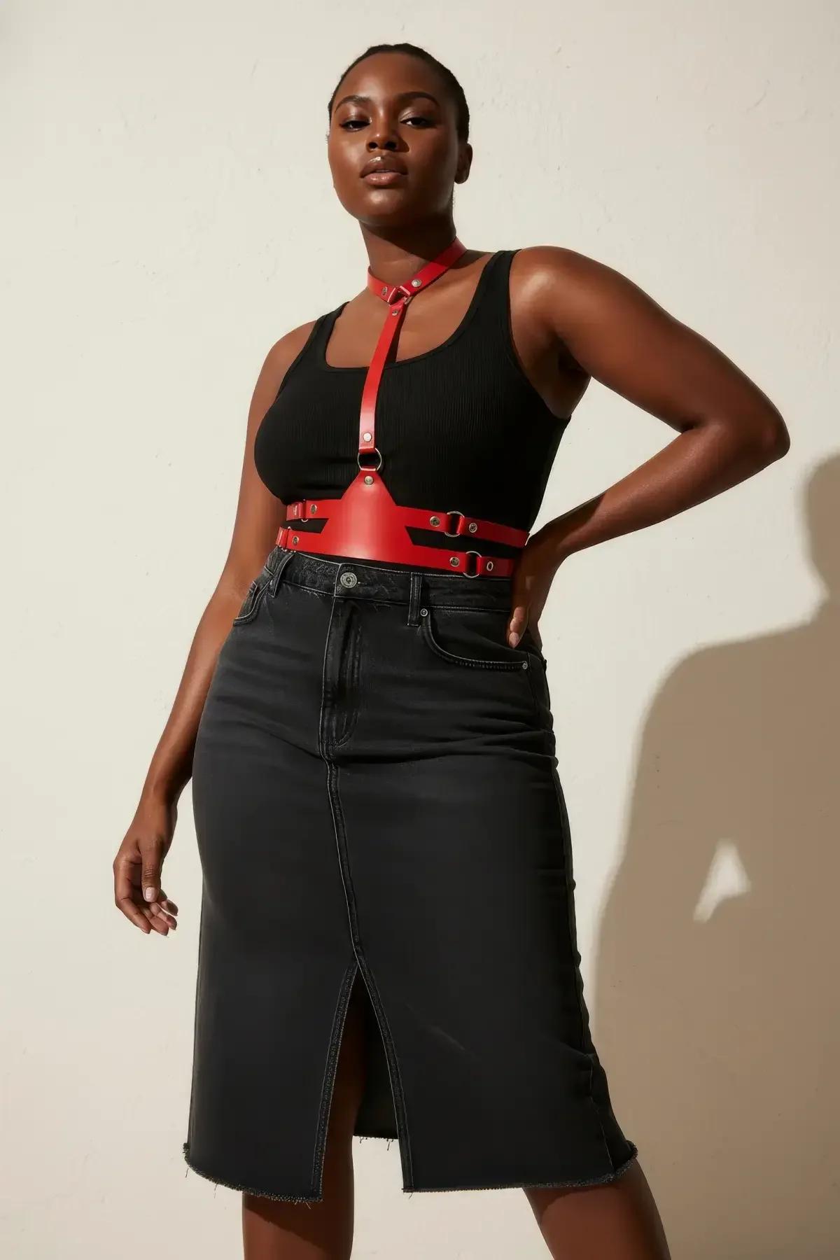 Red Faux Leather Chest Harness with Choker & O-Rings