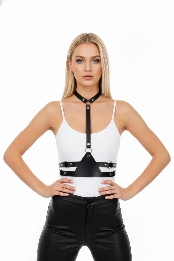 Faux Leather Chest Harness with High Neck Detail