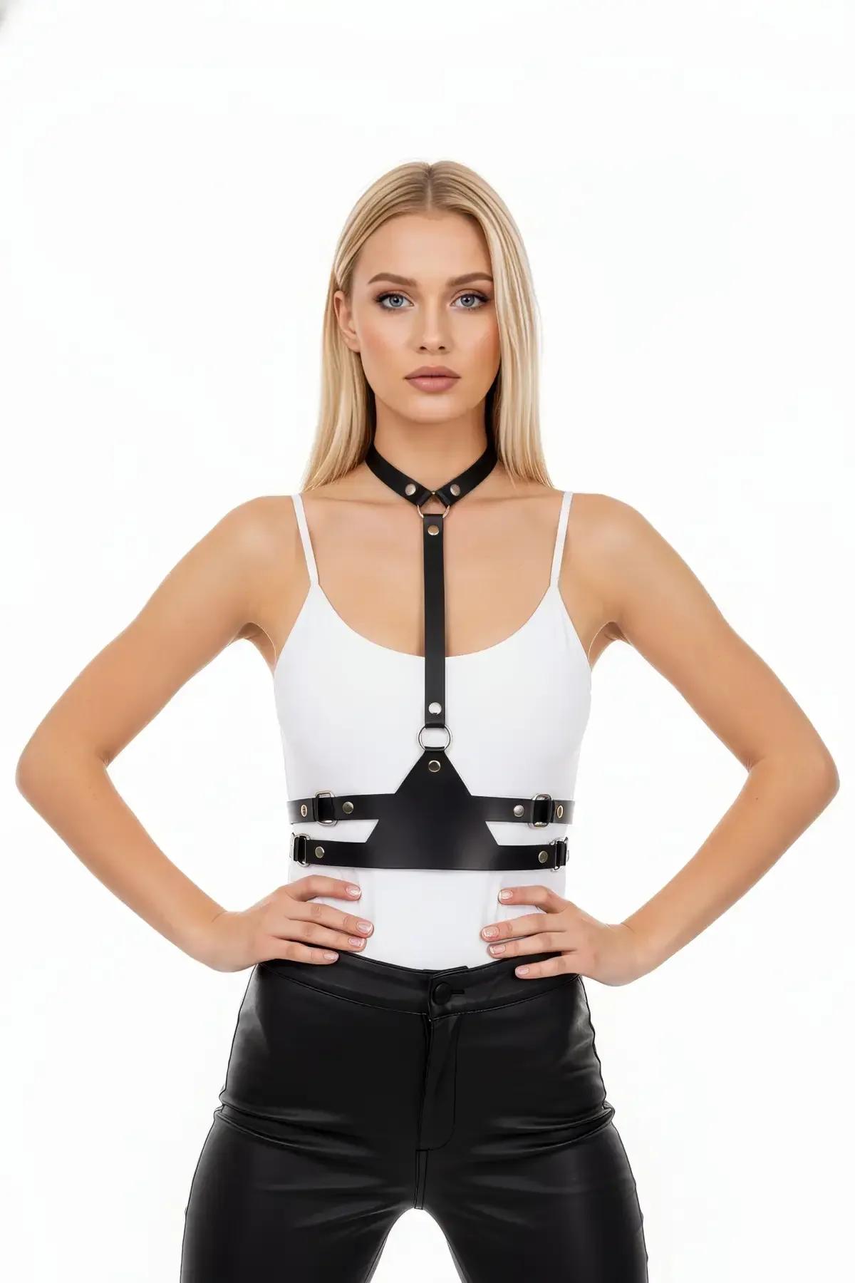 Faux Leather Chest Harness with High Neck Detail
