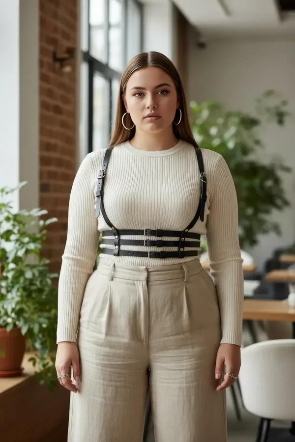 Faux Leather Chest Harness with Three Waist Straps