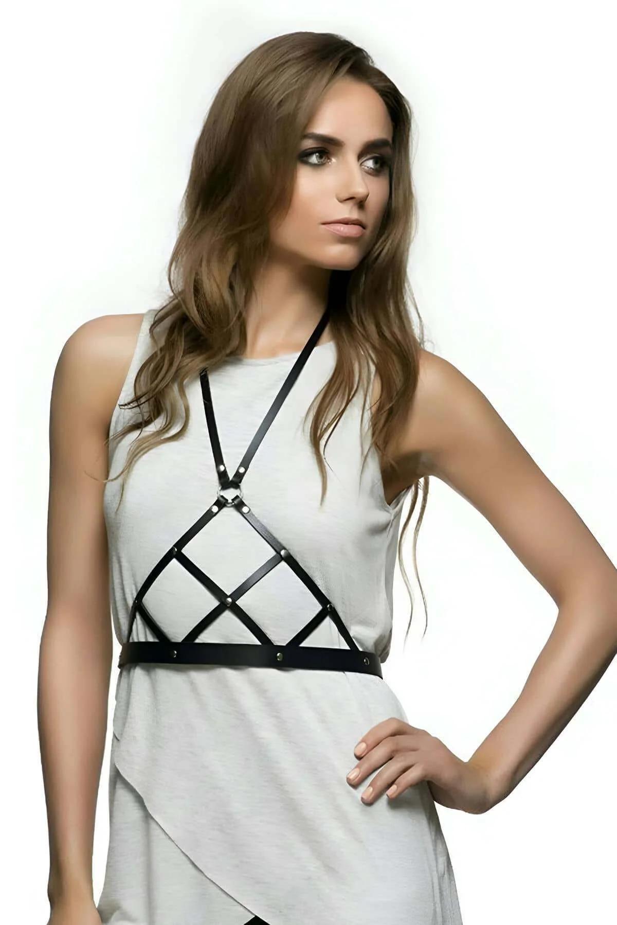 Women's Fashion Chest Harness - Adjustable Faux Leather Body Accessory