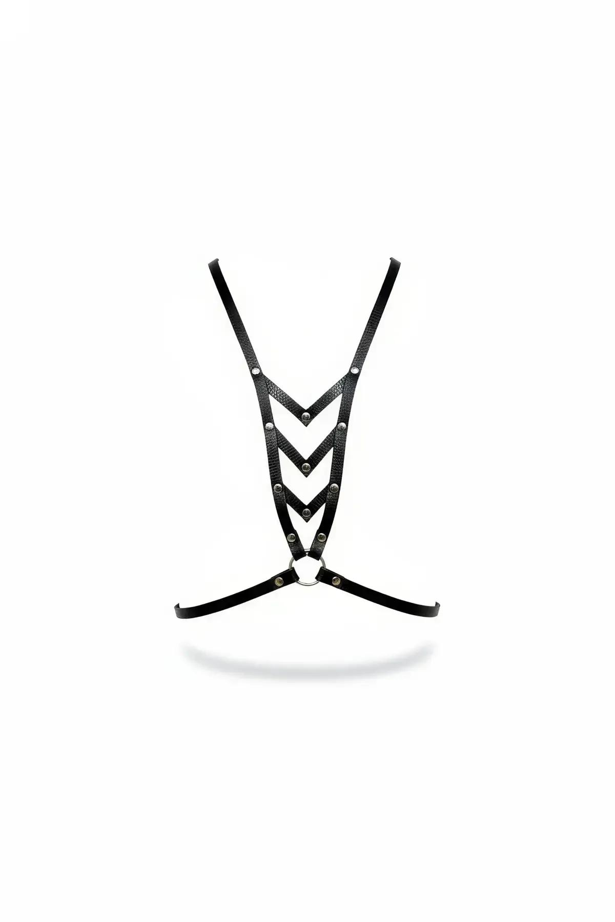 Studded Chevron Faux Leather Chest Harness with O-Ring