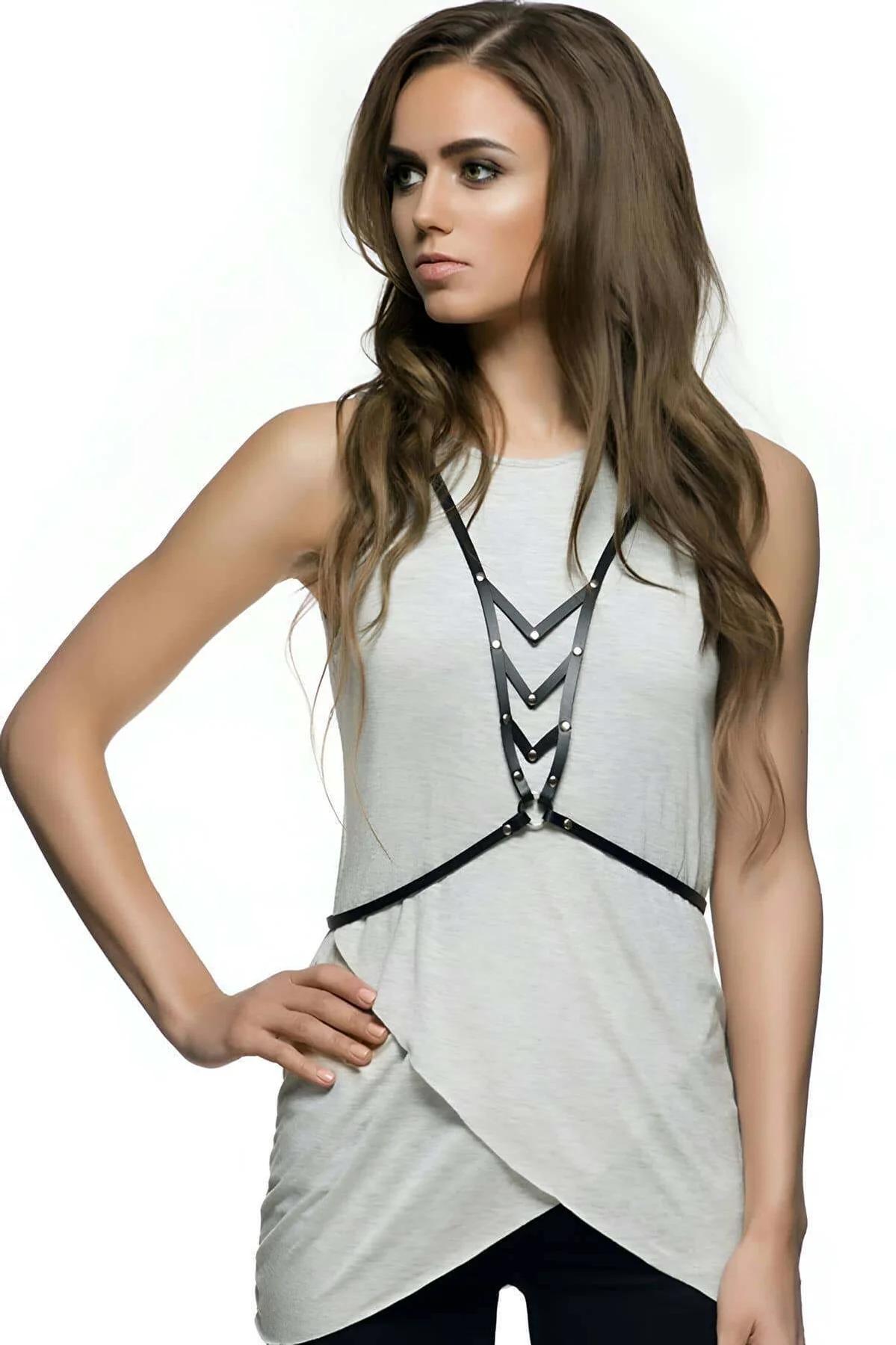 Stylish Faux Leather Chest Harness with Studded Wave