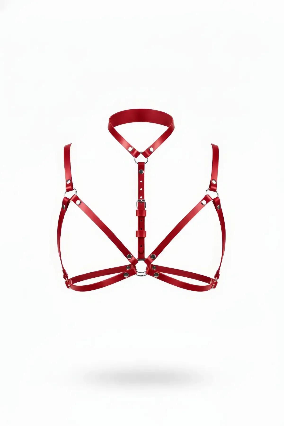 Red Faux Leather Chest Harness with High Neck Choker
