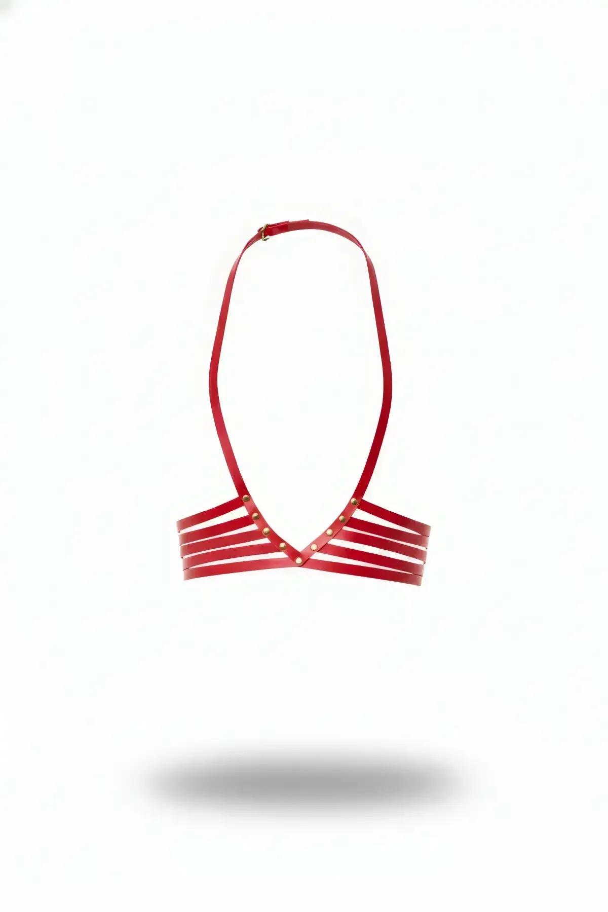 Red Halter Neck Caged Harness Bralette