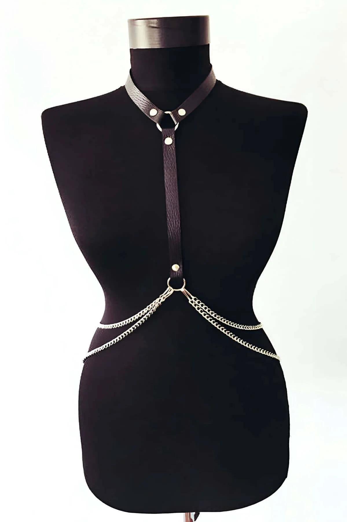 Faux Leather Body Harness with Chains - Adjustable Chest Accessory