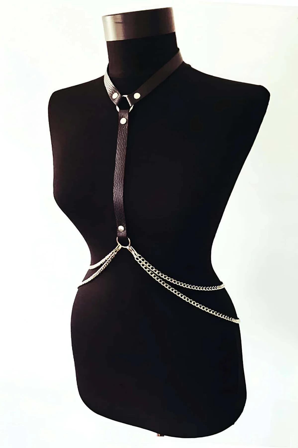 Faux Leather Body Harness with Chains - Adjustable Chest Accessory