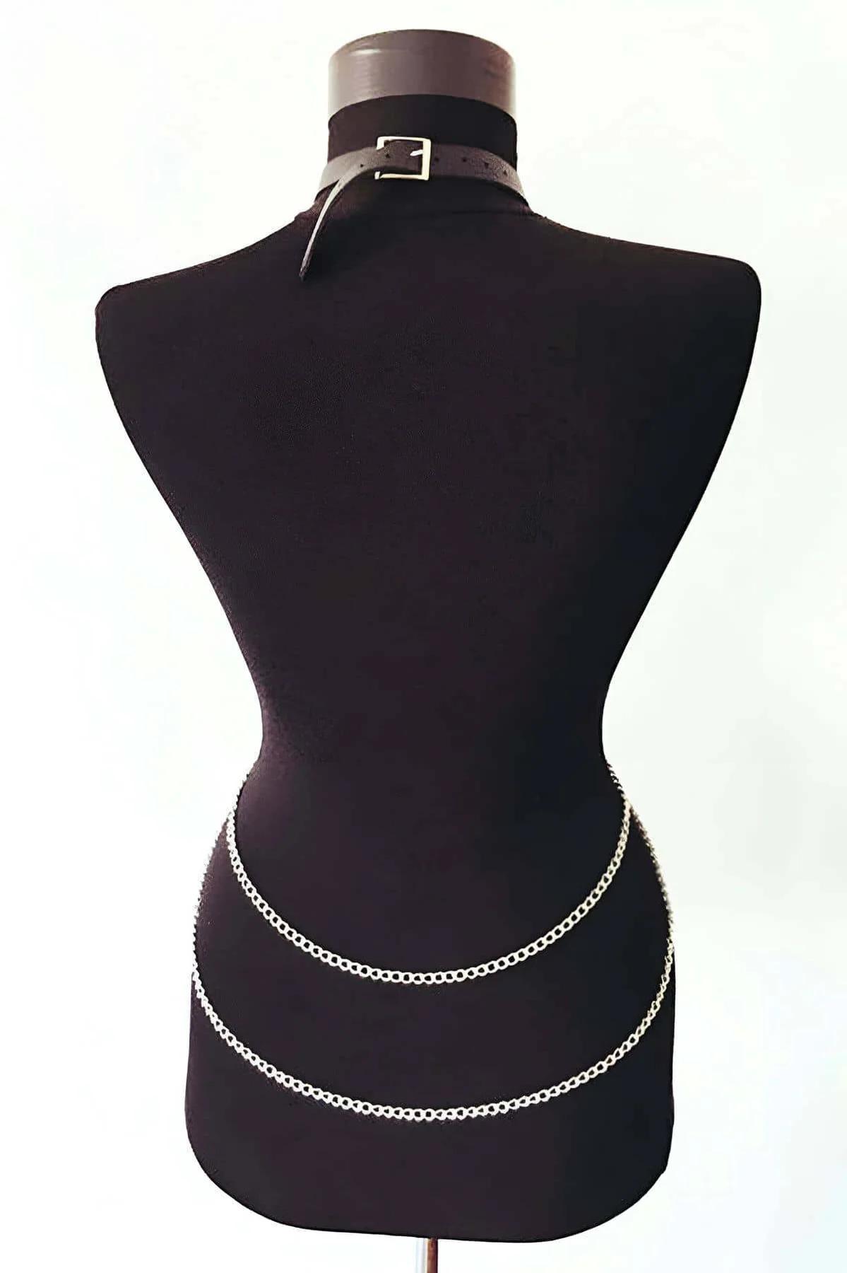 Faux Leather Body Harness with Chains - Adjustable Chest Accessory