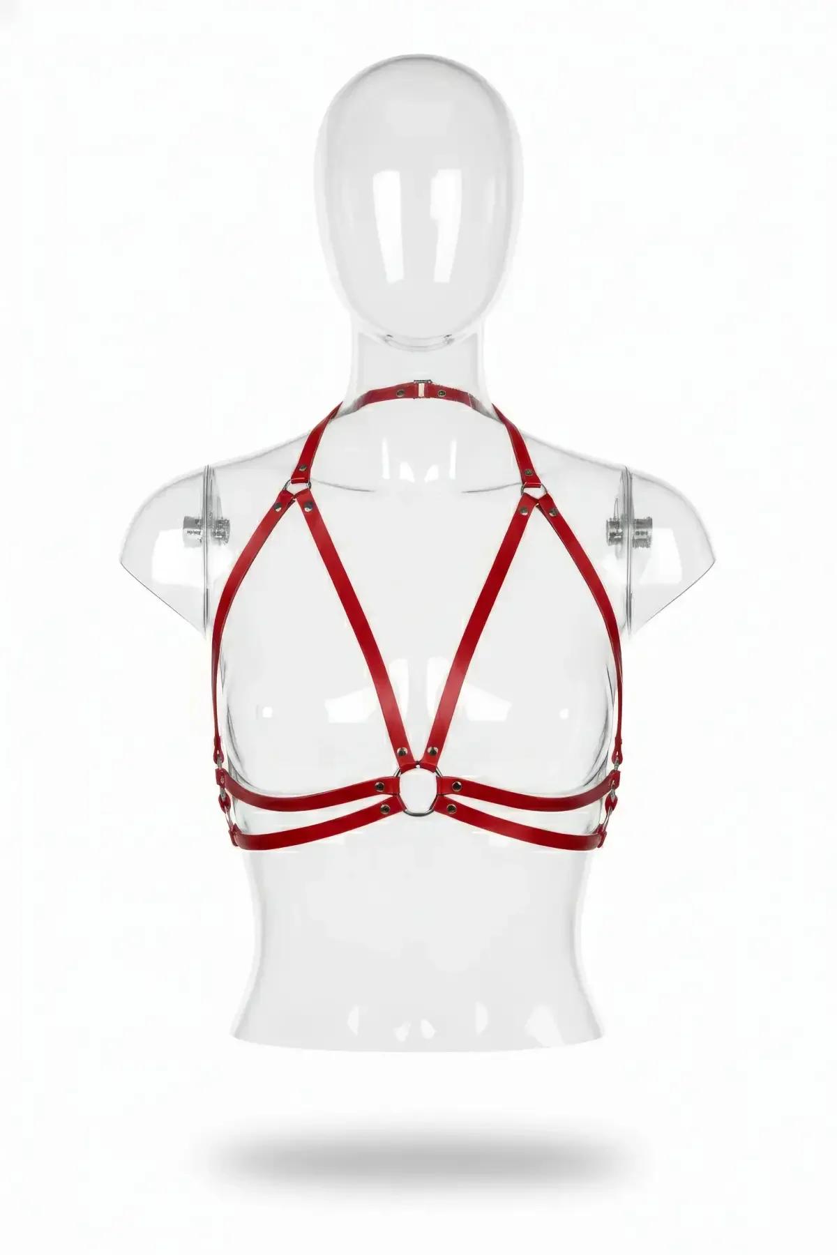 Red Faux Leather Harness Bra with O-Ring Details
