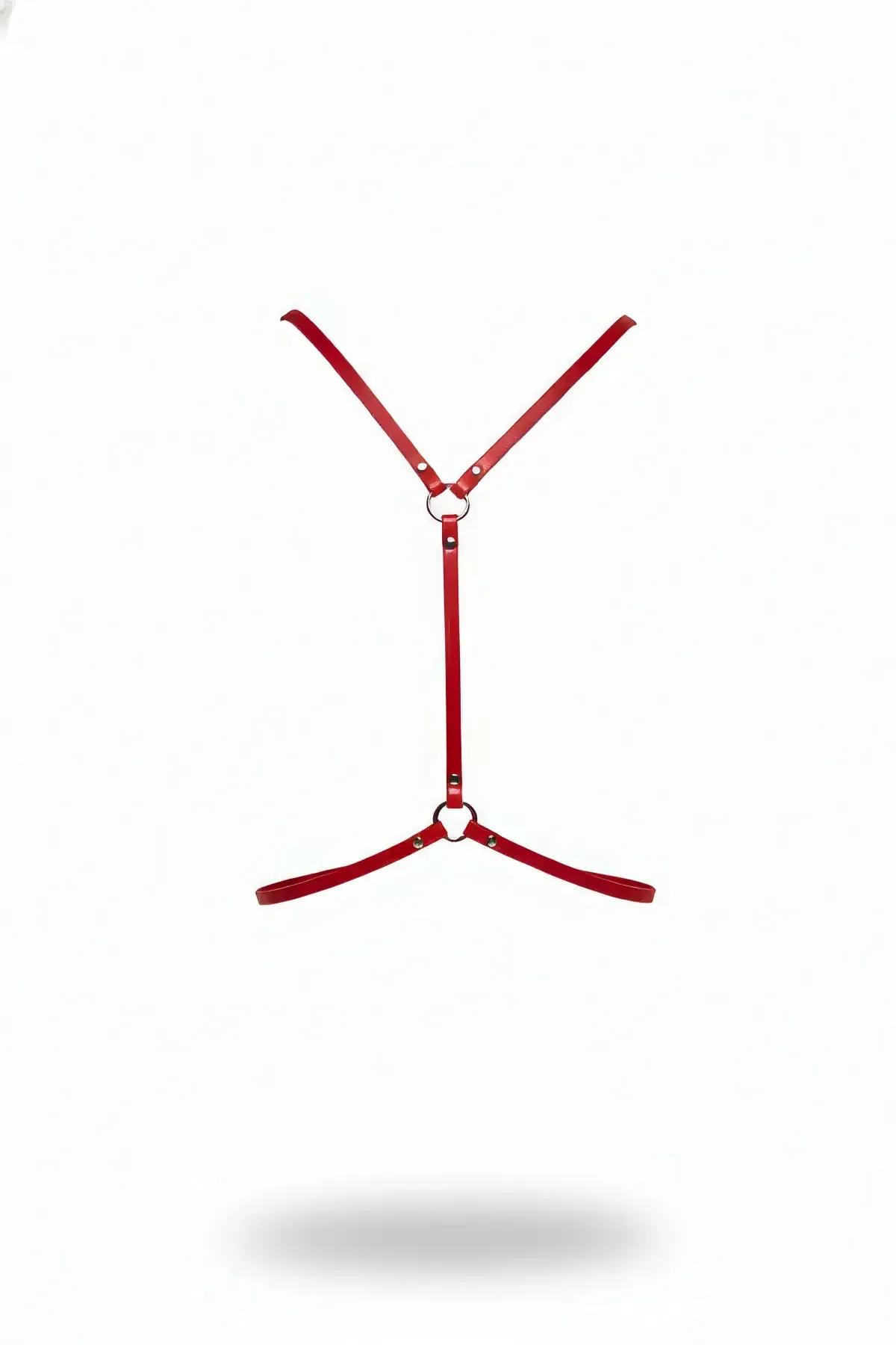 Red Faux Leather Body Harness with O-Ring Details