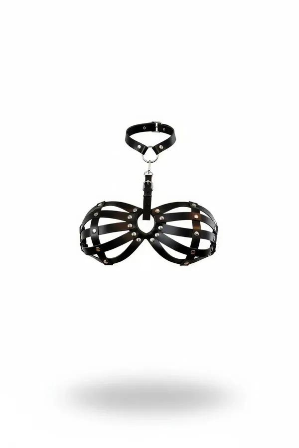Black Studded Cage Bra Harness with Neck Collar