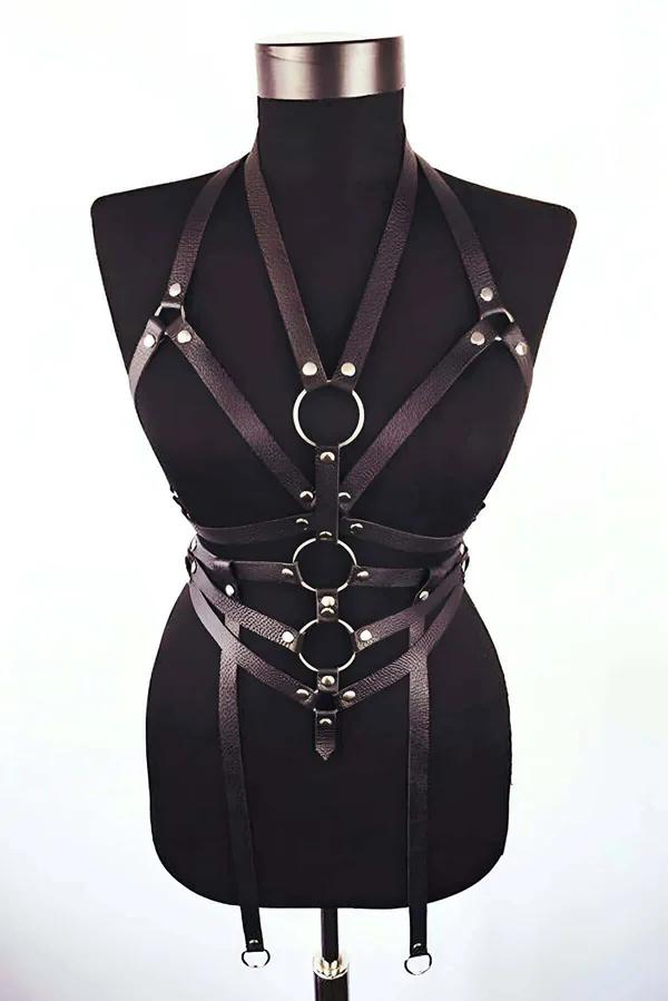 Adjustable Faux Leather Body Harness with O-Rings and Straps