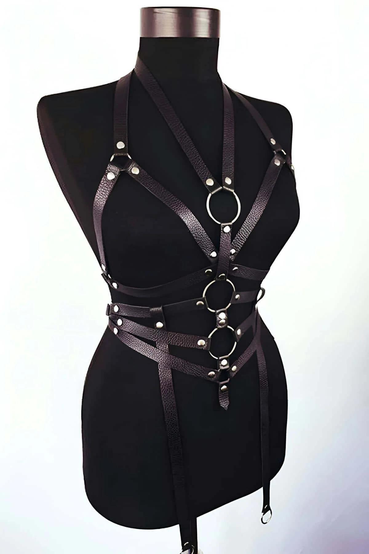 Adjustable Faux Leather Body Harness with O-Rings and Straps