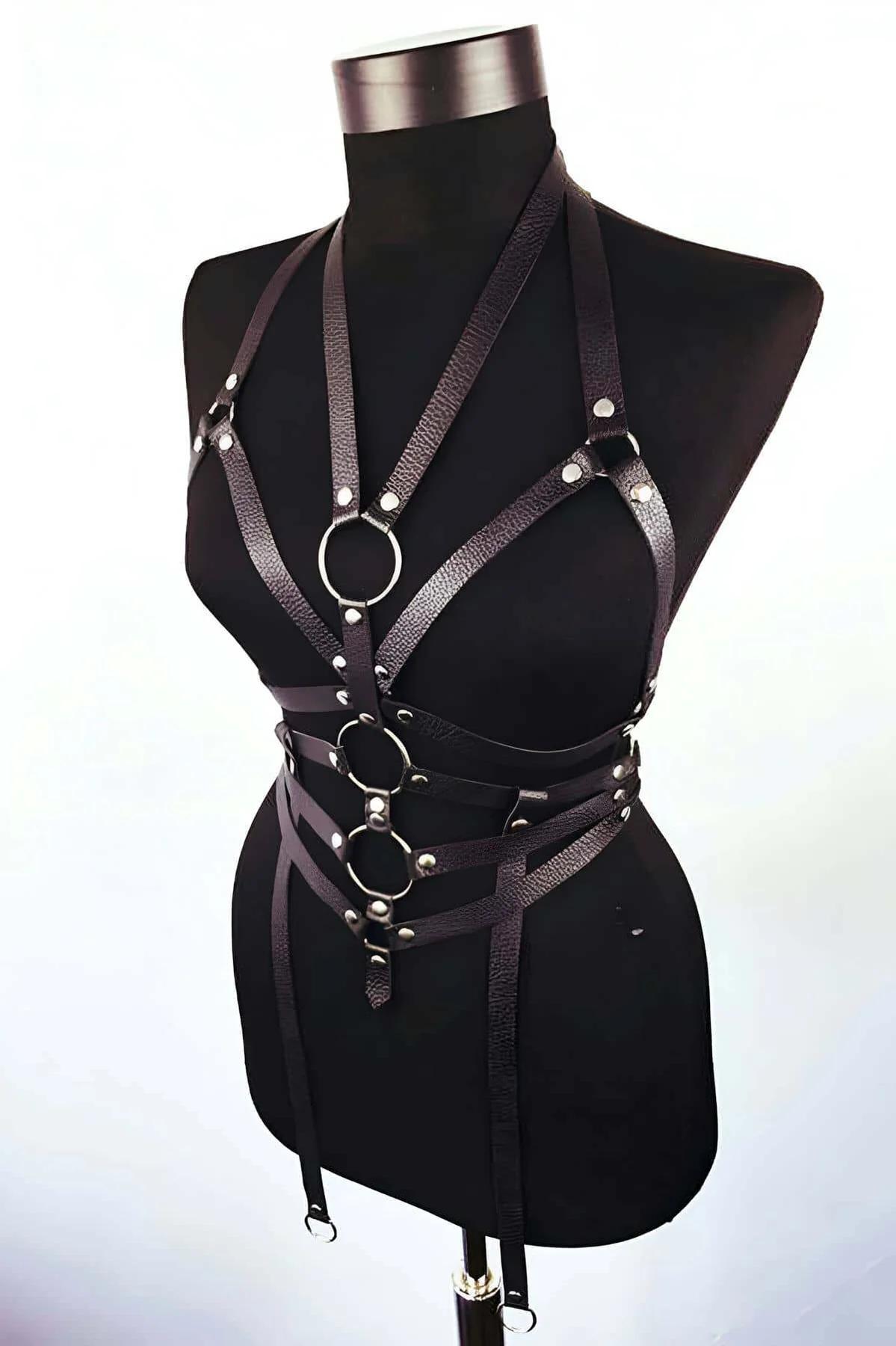 Adjustable Faux Leather Body Harness with O-Rings and Straps