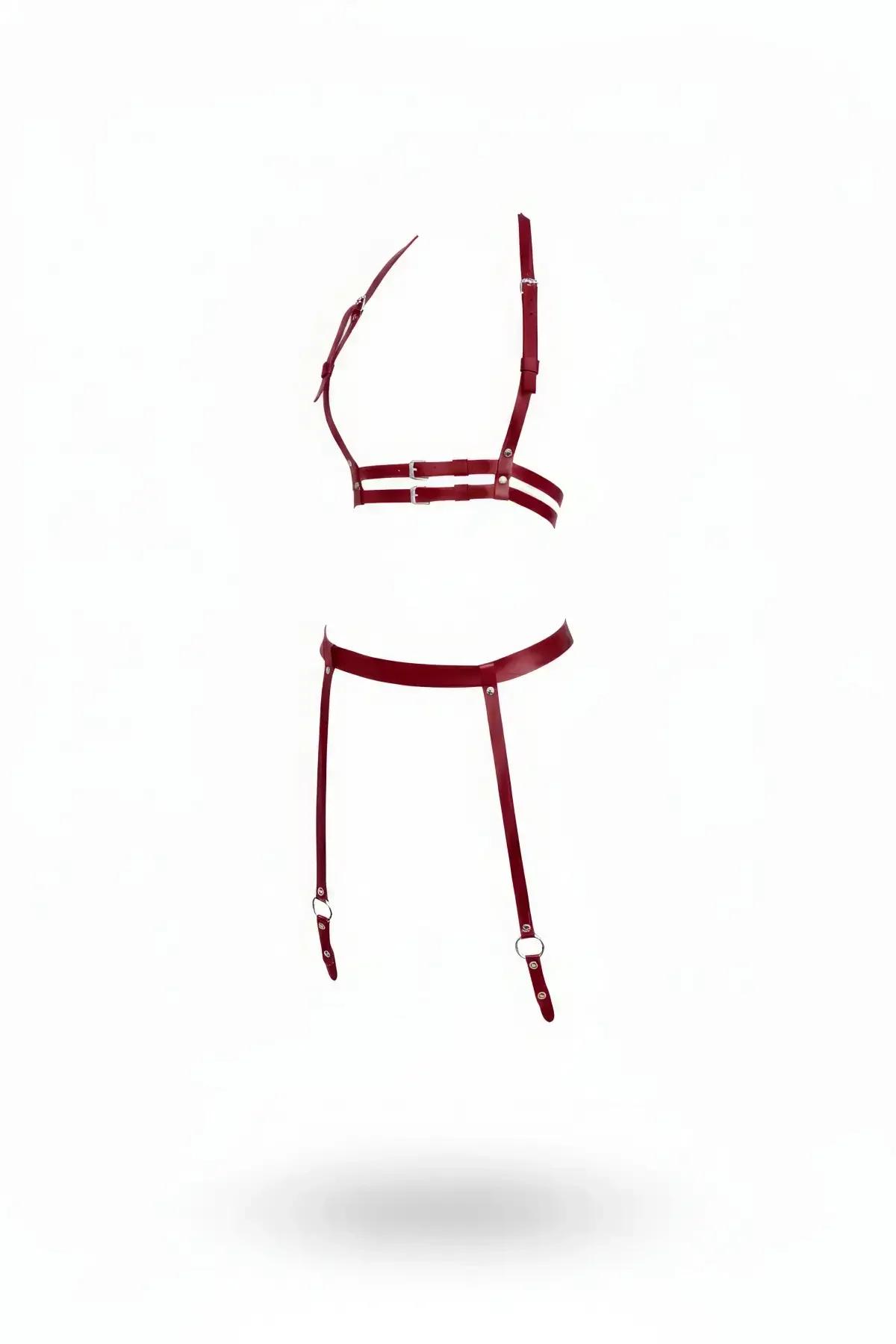 Claret Red Faux Leather Harness Set with Garter Straps