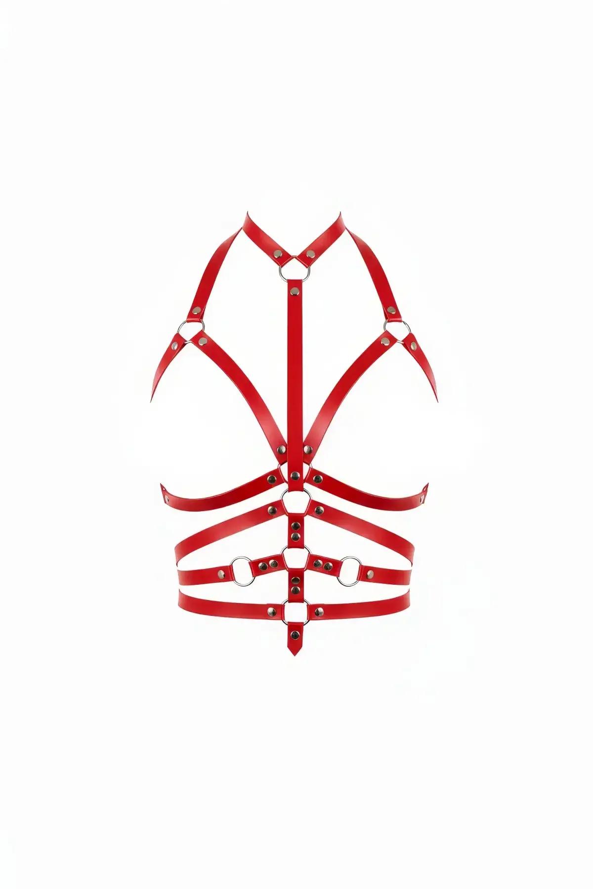 Red Faux Leather Caged Chest Harness with O-Rings