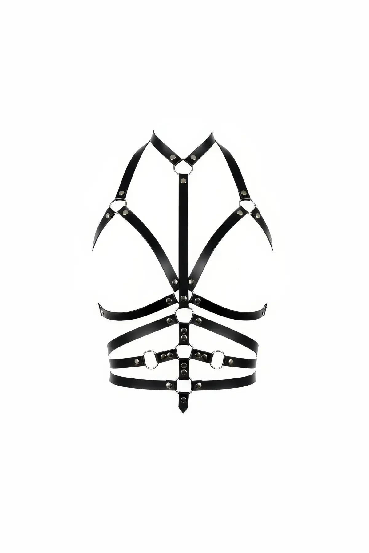 Black Caged Chest Harness with O-Ring Details