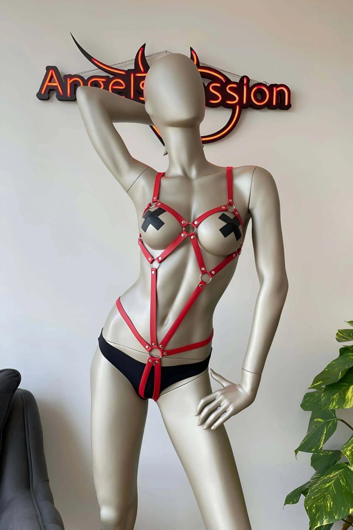 Bold Red Faux Leather Adjustable Body Harness