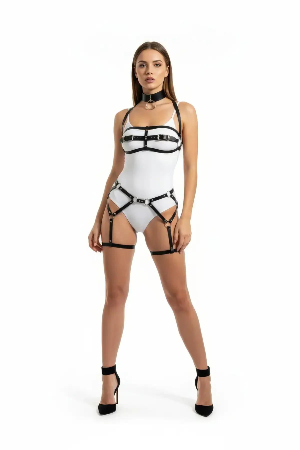 Adjustable Faux Leather Full Body Harness with O-Rings
