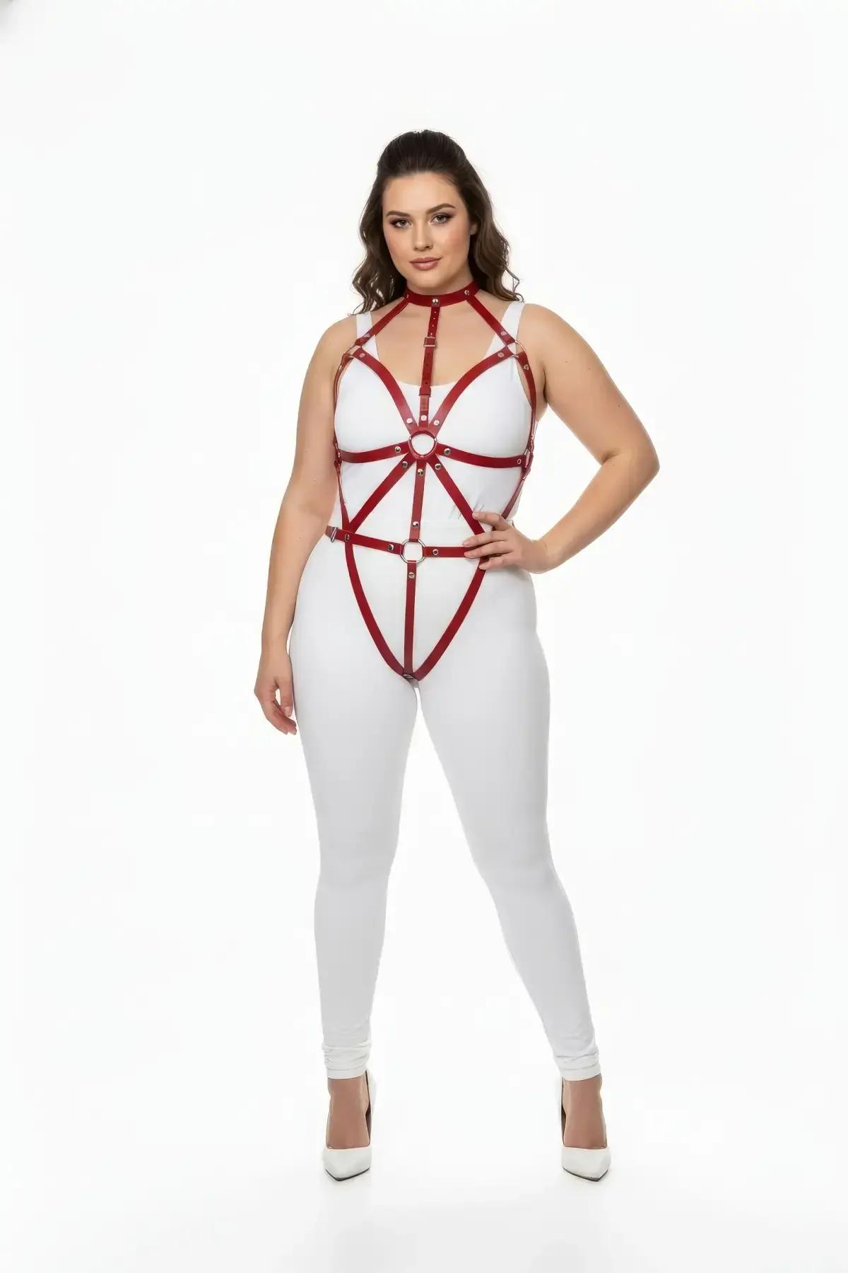Plus Size Red Leather Body Harness - Adjustable Fit