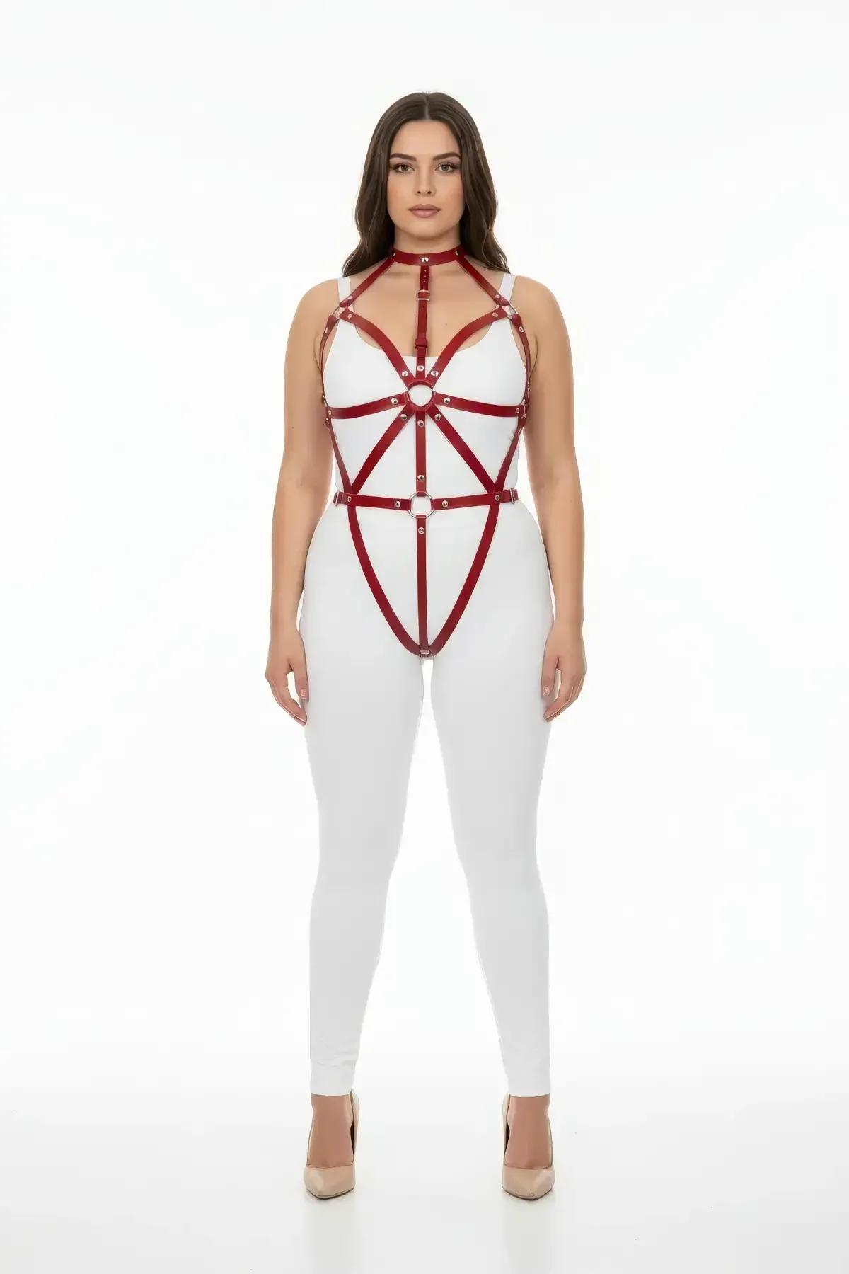 Plus Size Red Leather Body Harness - Adjustable Fit
