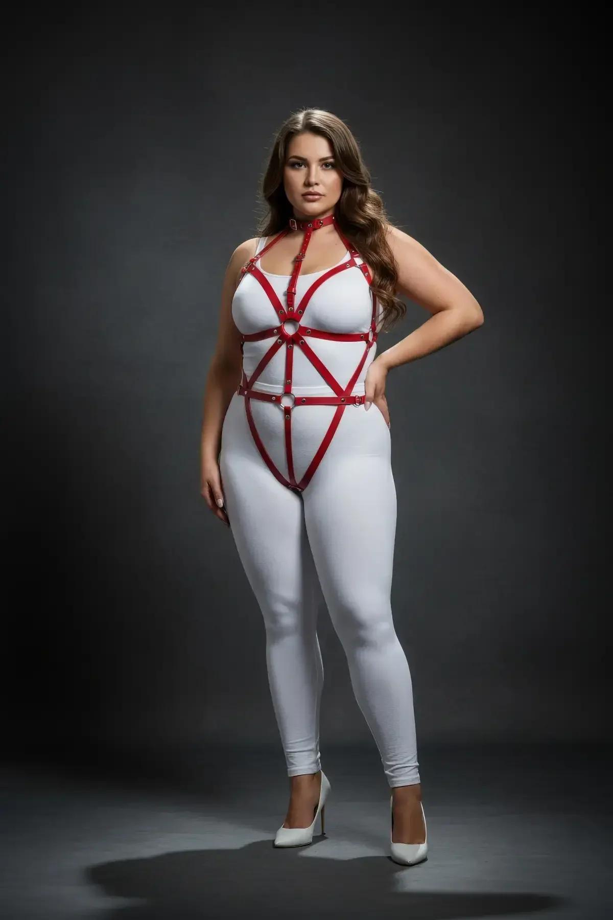 Plus Size Red Leather Body Harness - Adjustable Fit