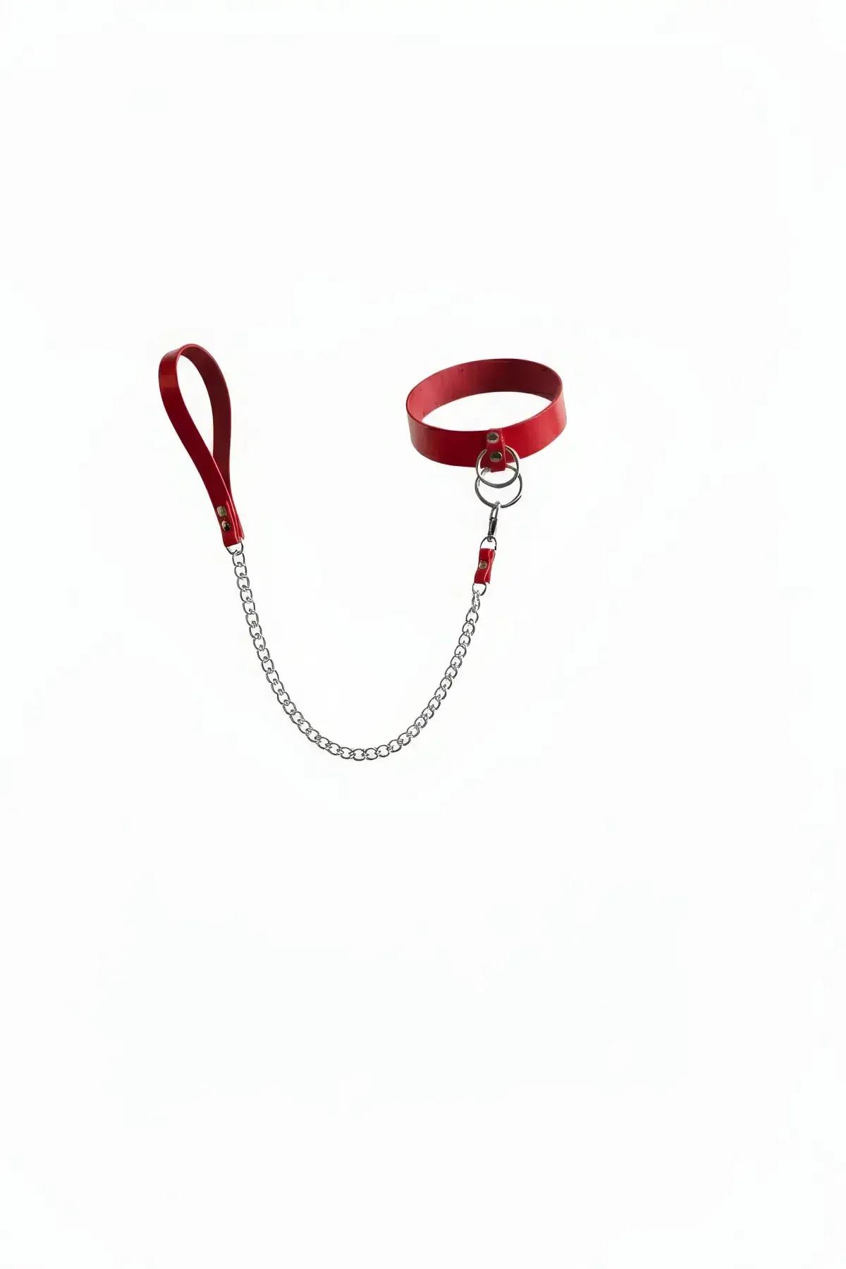 Red Faux Leather Choker with Detachable Chain