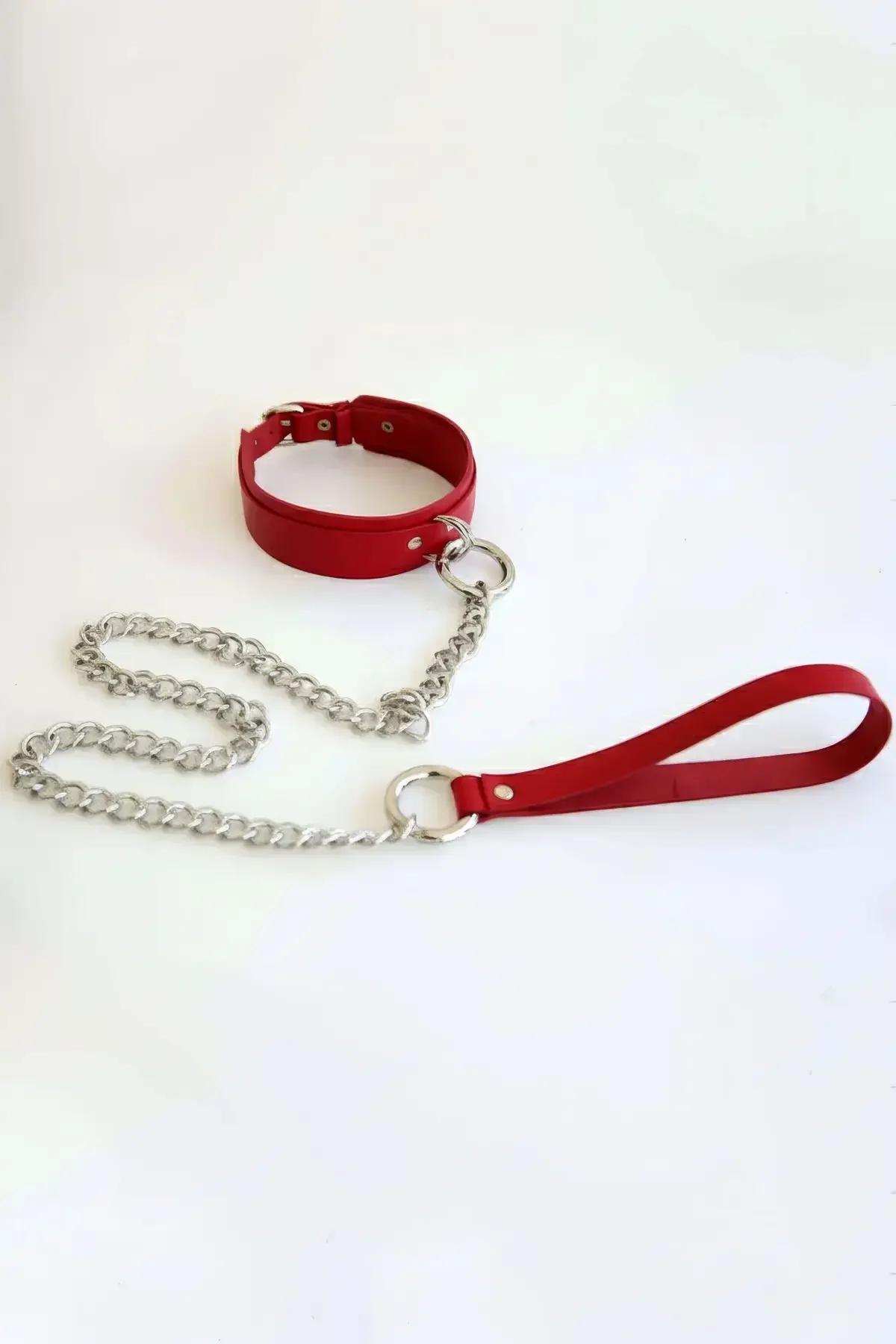 Red Faux Leather Choker with Silver Chain Leash