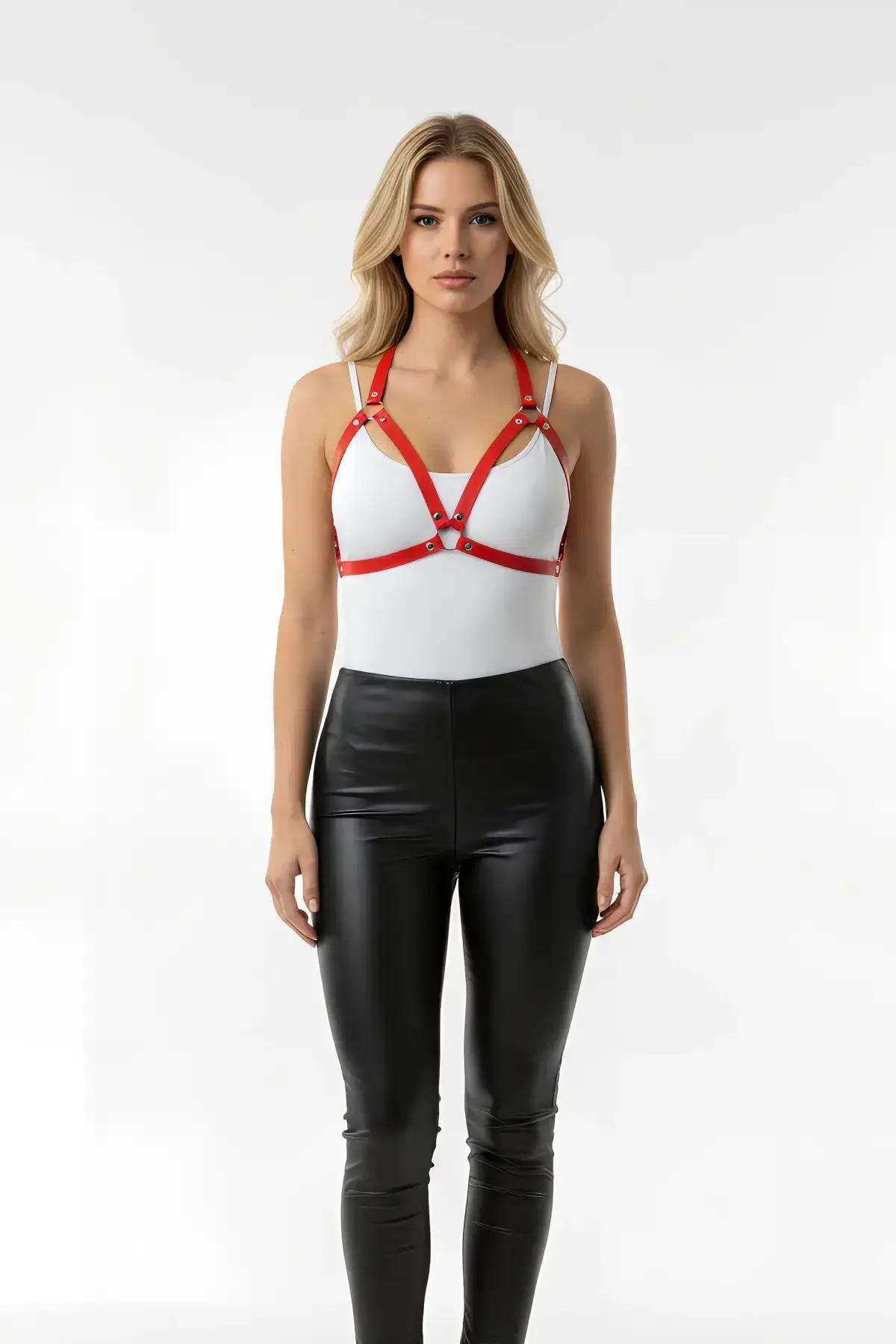 Red Faux Leather Chest Harness with O-Ring